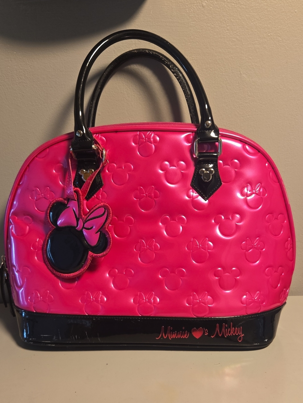 Disney Loungefly Hot Pink Minnie Mouse Patent Satchel with Black Trim